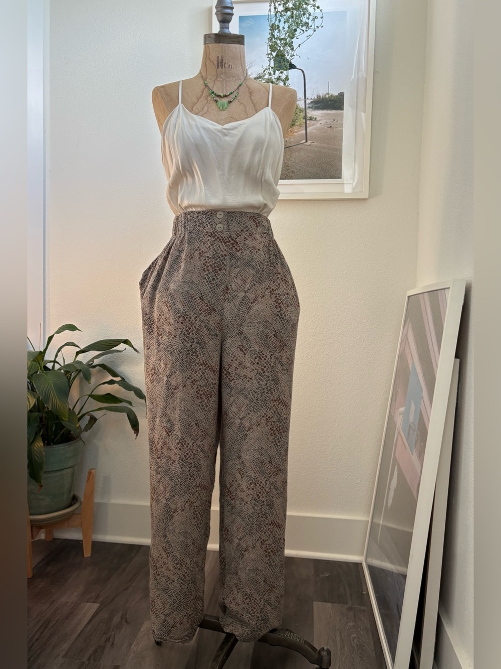 Norton McNaughton Taupe Snake-Print High-Waist Wide-Leg Trousers